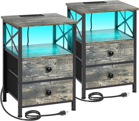 Night Stand Set 2, LED Nightstands for Bedroom Set of 2 with Charging Station