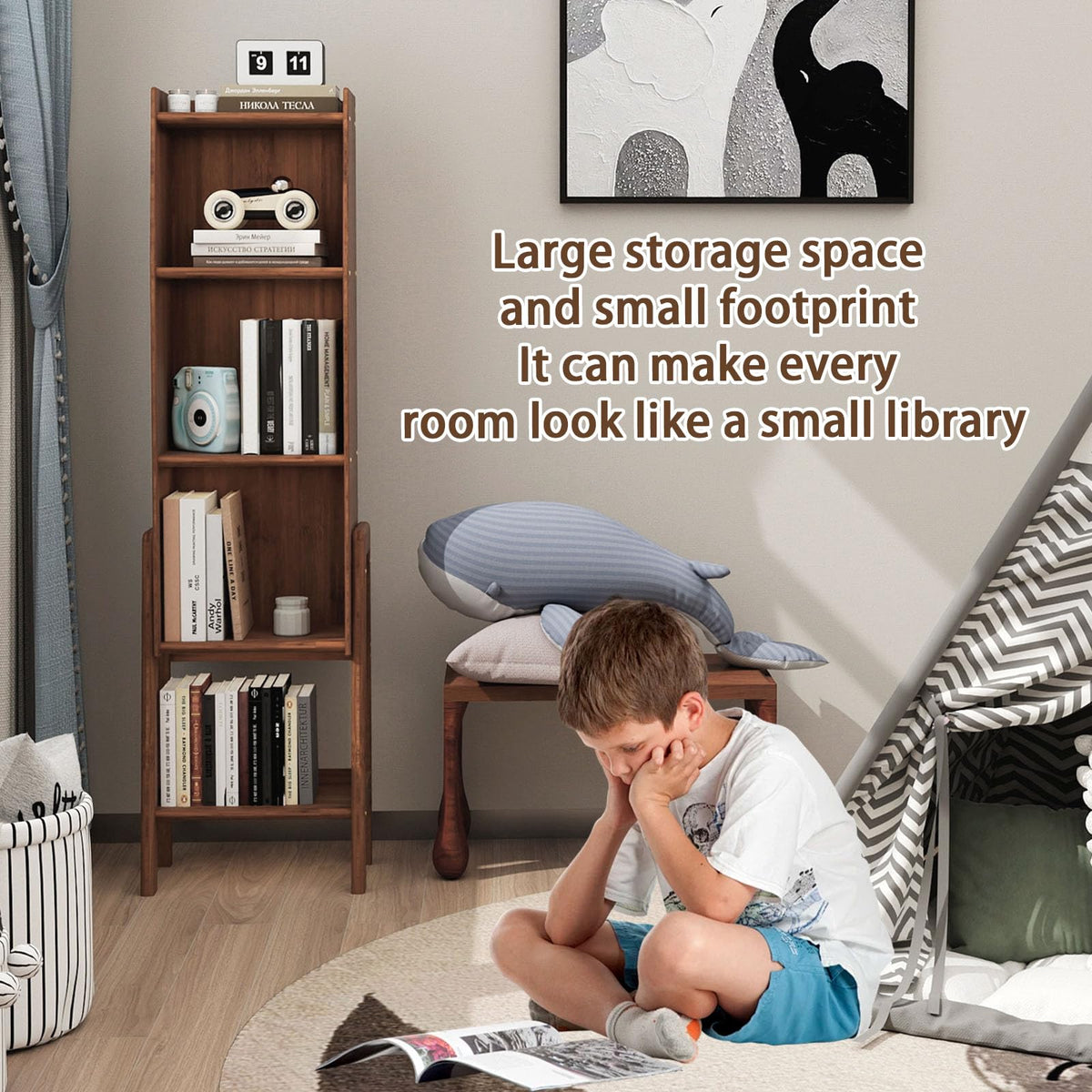 Mid Century Bookcase - 5 Tier Open Slanted Bookshelf Bamboo Bookcase w ...