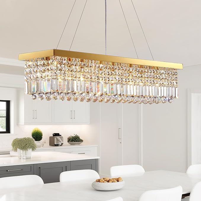 8-Lights Rectangular Flush Mount Ceiling Light Gold Rectangle Modern Crystal Chandelier