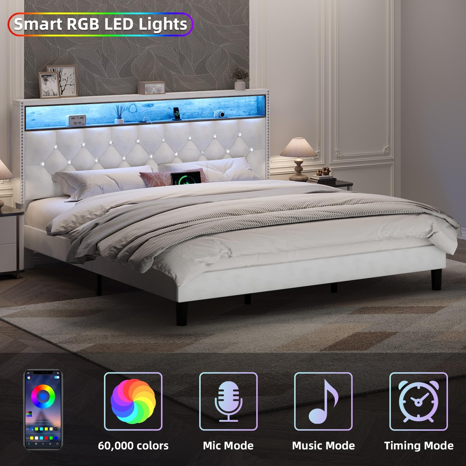 King Size Bed Frame with LED Lights and Storage Headboard