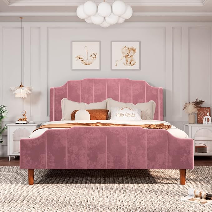 Queen Size Velvet Bed Frame Upholstered Platform Bed with Vertical Headboard