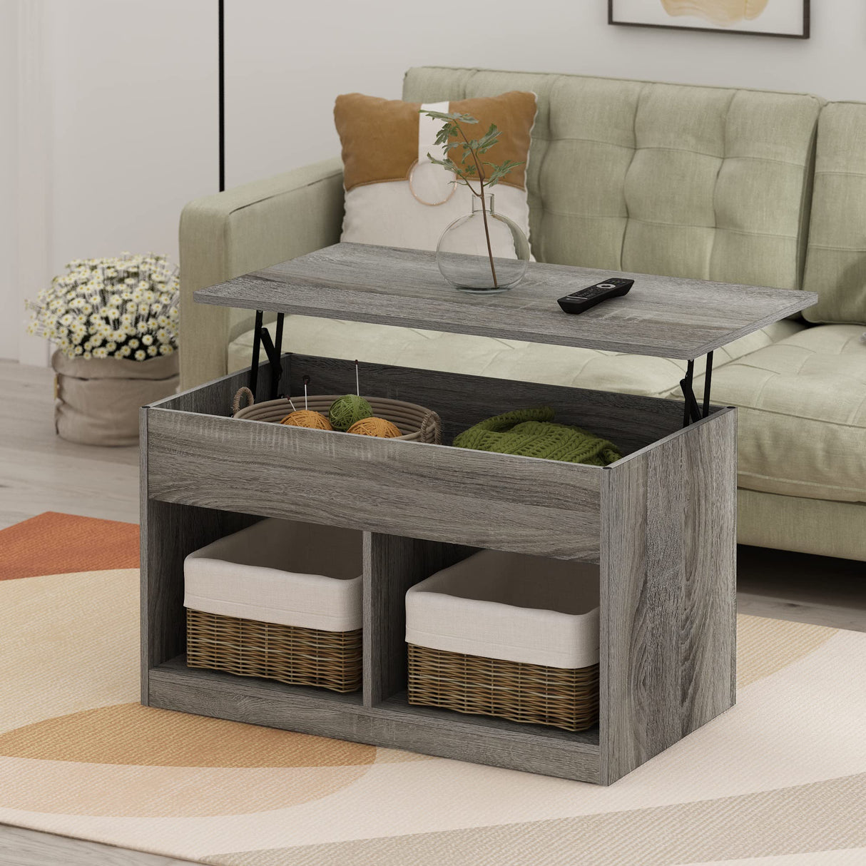 Jensen Living Room Lift Top Coffee Table with Hidden Compartment, French Oak Grey