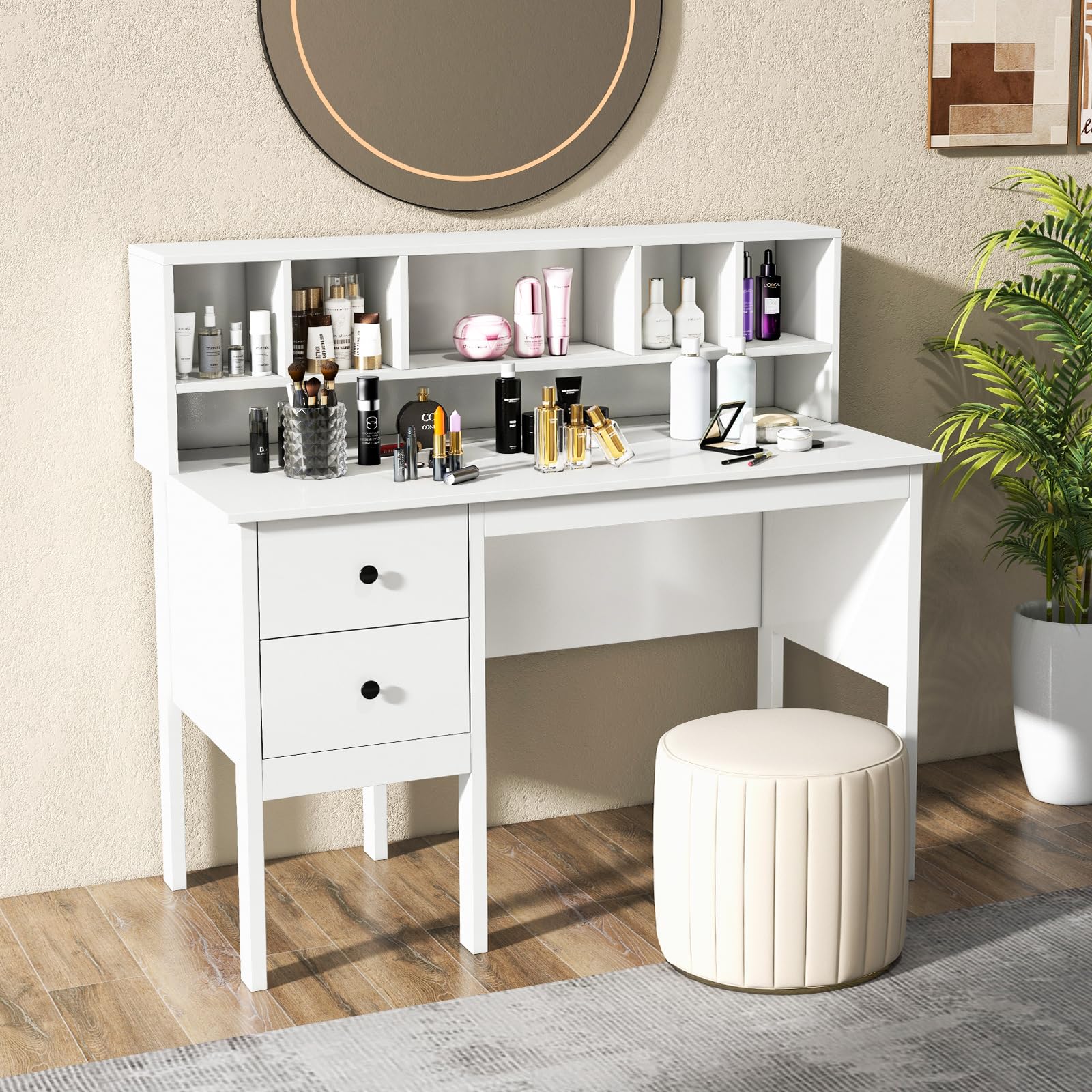 White Desk with Drawers & Hutch, Modern Home Office Desk Writing Study Desk