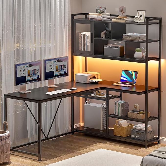L Shaped Computer Desk, 58'' Office Desk with LED Light and Bookshelf