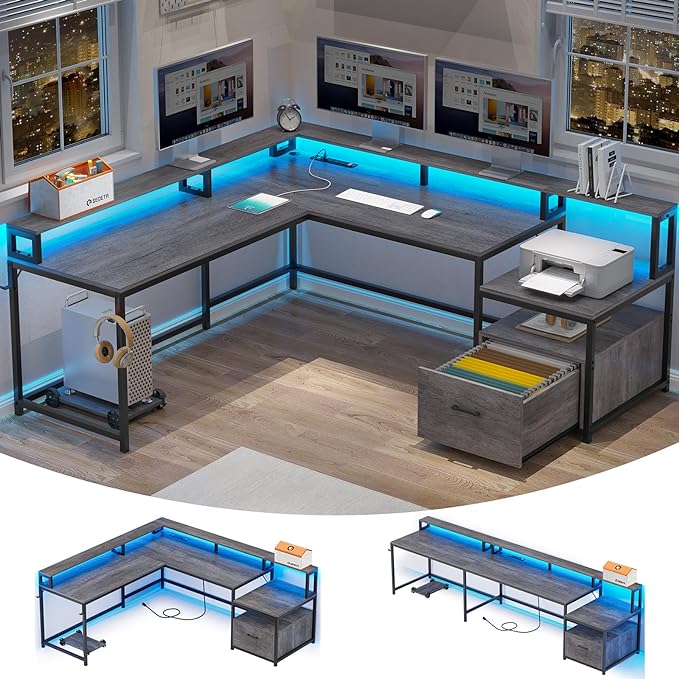 SEDETA L Shaped Desk, 66" Home Office Desk with File Drawer & Power Outlet