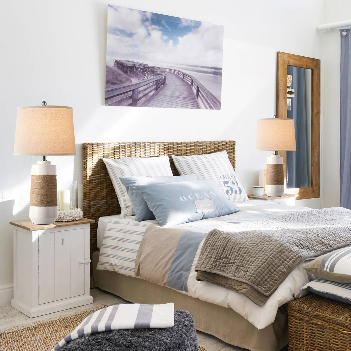 White Boho Ceramic Table Lamps Set of 2 with Rope Accent