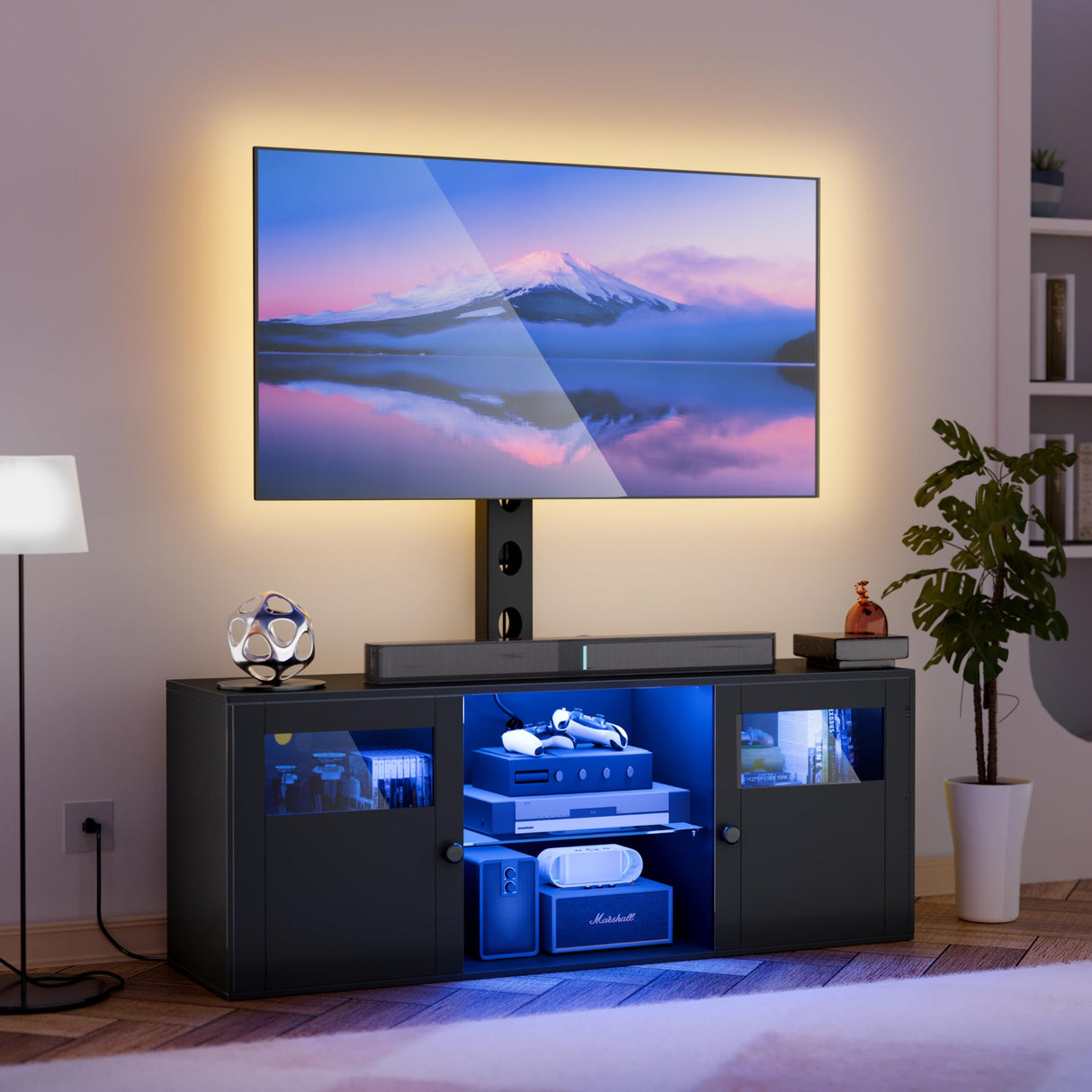 TV Stand with Mount and Power Outlet, Led Lights Entertainment Center