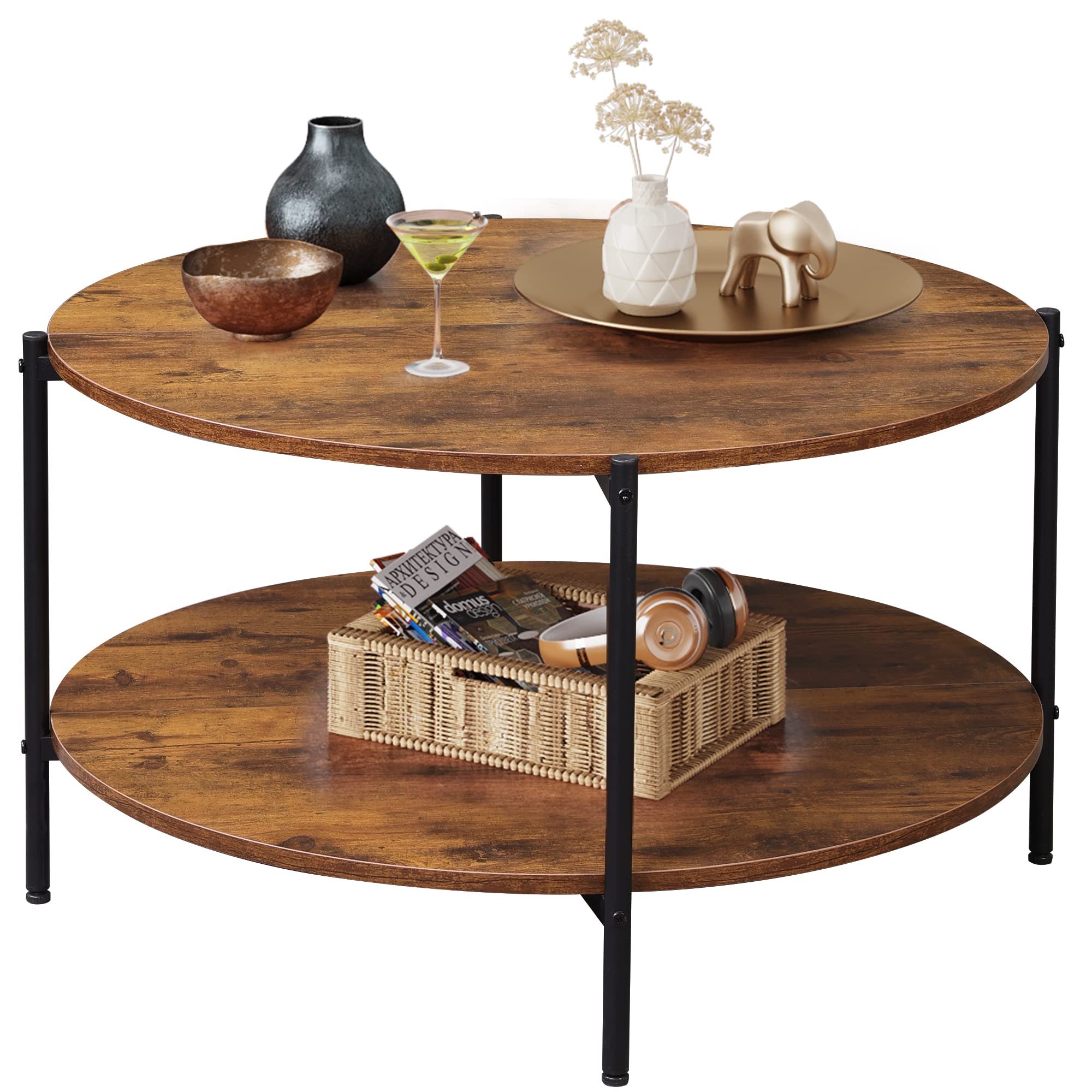 Round Coffee Table, 32.6" Small Coffee Table with Open Storage Shelf