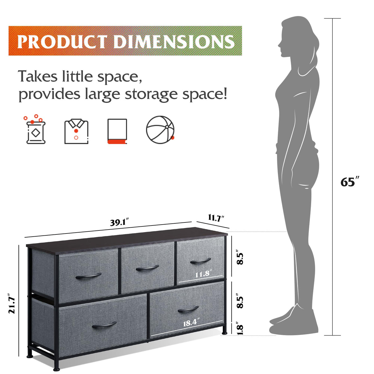 Dresser for Bedroom with 5 Drawers, Wide Chest of Drawers, Fabric Dresser, Storage