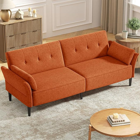 89” Futon Sofa Bed, Velvet Fabric Comfy Futon Couch Bed with 2 Square Pillows