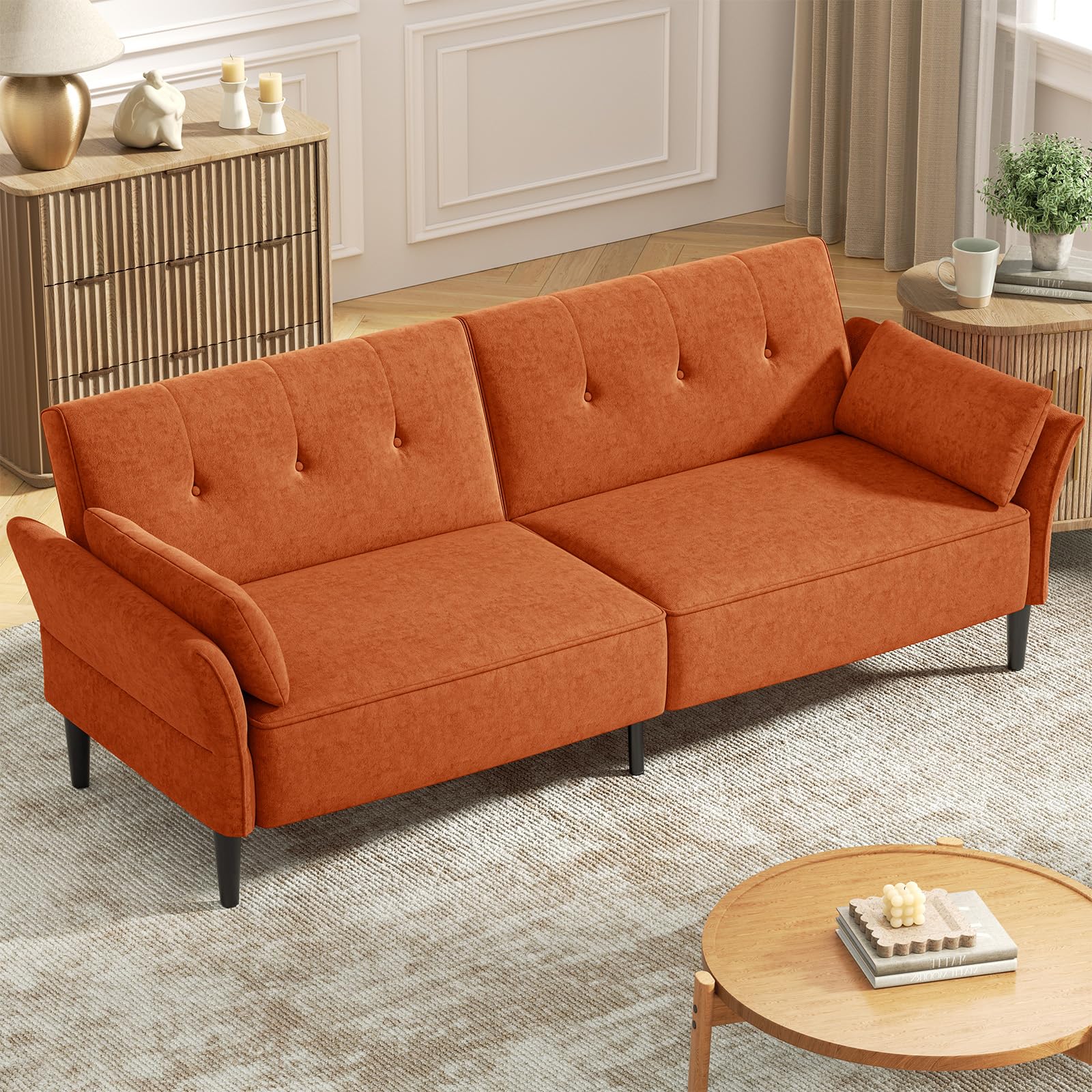 89” Futon Sofa Bed, Comfy Futon Couch Bed with 2 Square Pillows, Convertible Sleeper