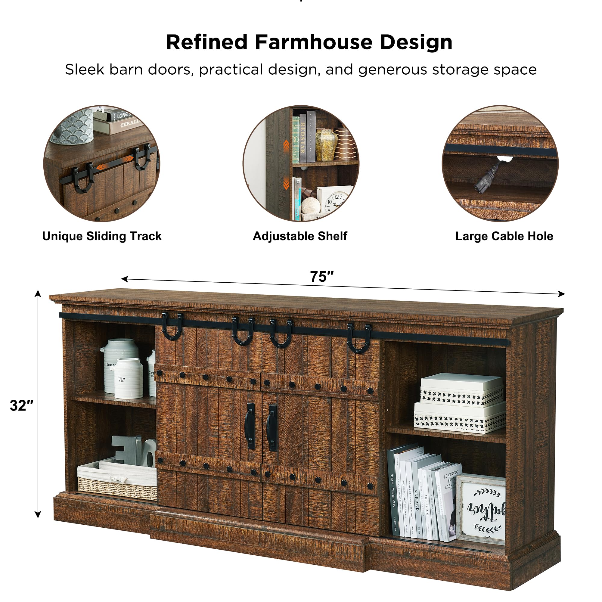 Farmhouse 75" TV Stand for 80 85 Inch TV, Rustic Media Console Table with Sliding