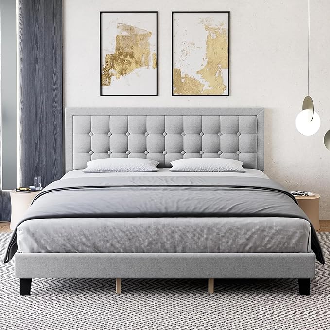 Full Size Bed Frame with Button Tufted Headboard, Upholstered Low Platform Bed Frame,