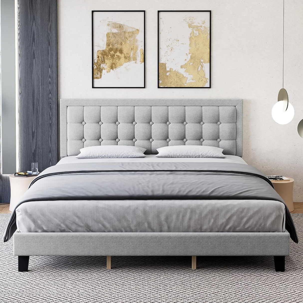 Full Size Bed Frame with Button Tufted Headboard, Upholstered Low Platform Bed Frame,