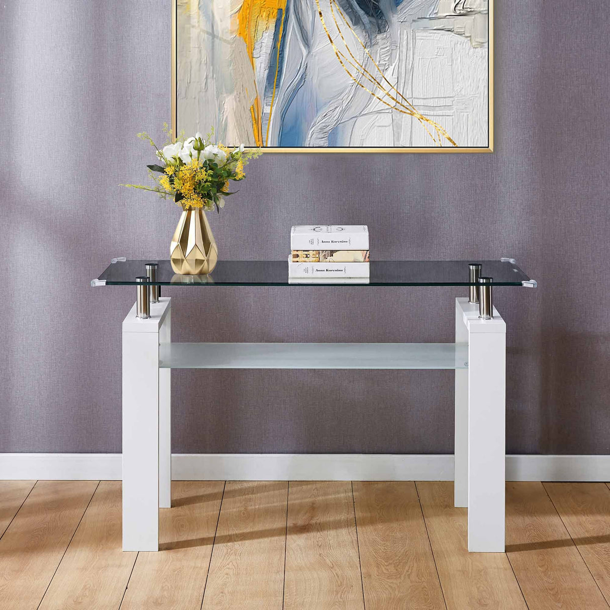 Wood Legs Modern Console Tables for Entryway Living Room Glass Narrow Console Table