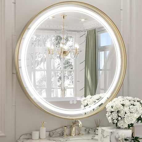 36 Inch LED Black Framed Round Mirror for Bathroom with Lights Wall Mounted Vanity