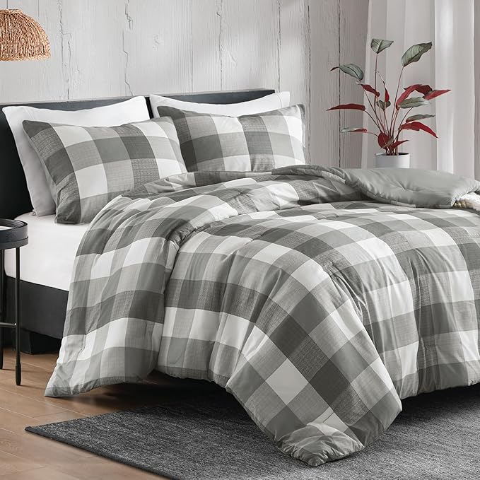 Plaid Twin Comforter Set for Teen, Farmhouse Comforter Twin Size Bed, Blue and White Comforter, Grid Buffalo Lightweight 3 Pieces Bed Sets Includes 1 Comforter, 1 Shams (66 x 90 Inch)
