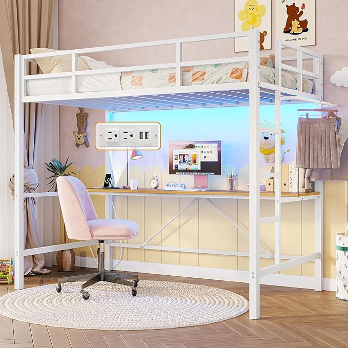 Loft Bed Full Size with Desk and Led Lights Metal Full Loft Bed with Power Outlet Full