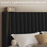 Queen Upholstered Platform Bed Frame with Fabric Headboard - Black