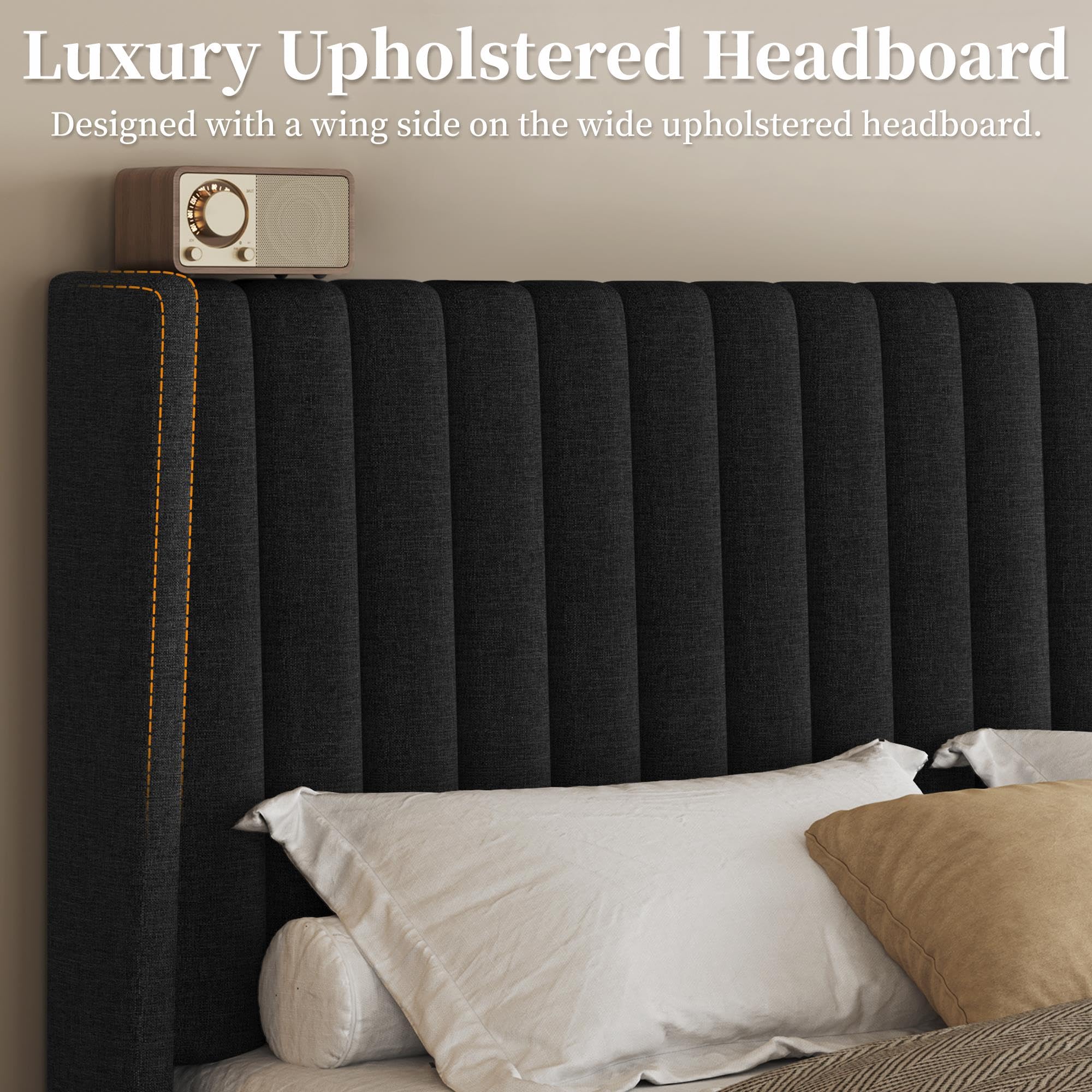 Queen Upholstered Platform Bed Frame with Fabric Headboard - Black