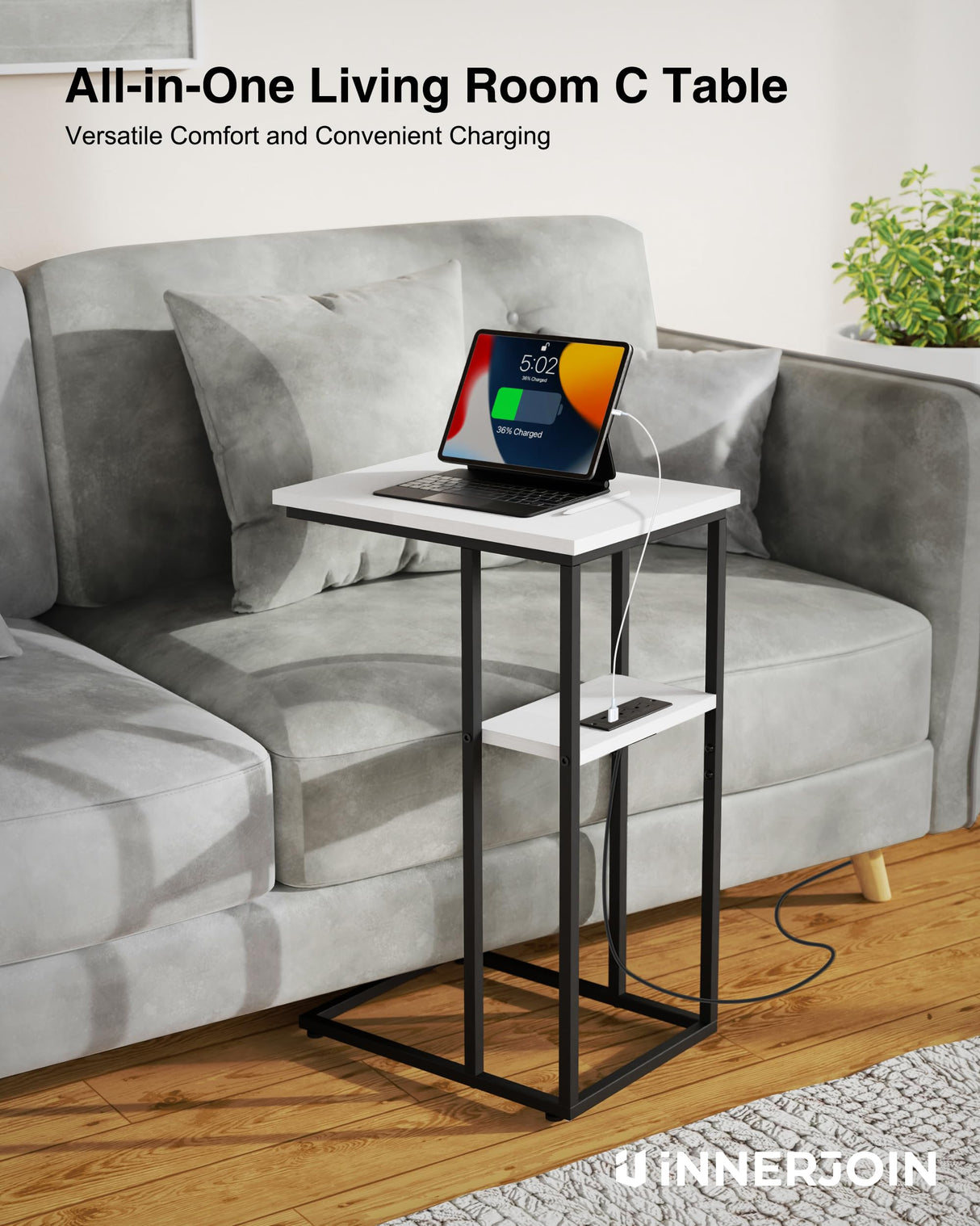 Side Table with Charging Station Set of 2, C Shaped End Table with LED Light Strip