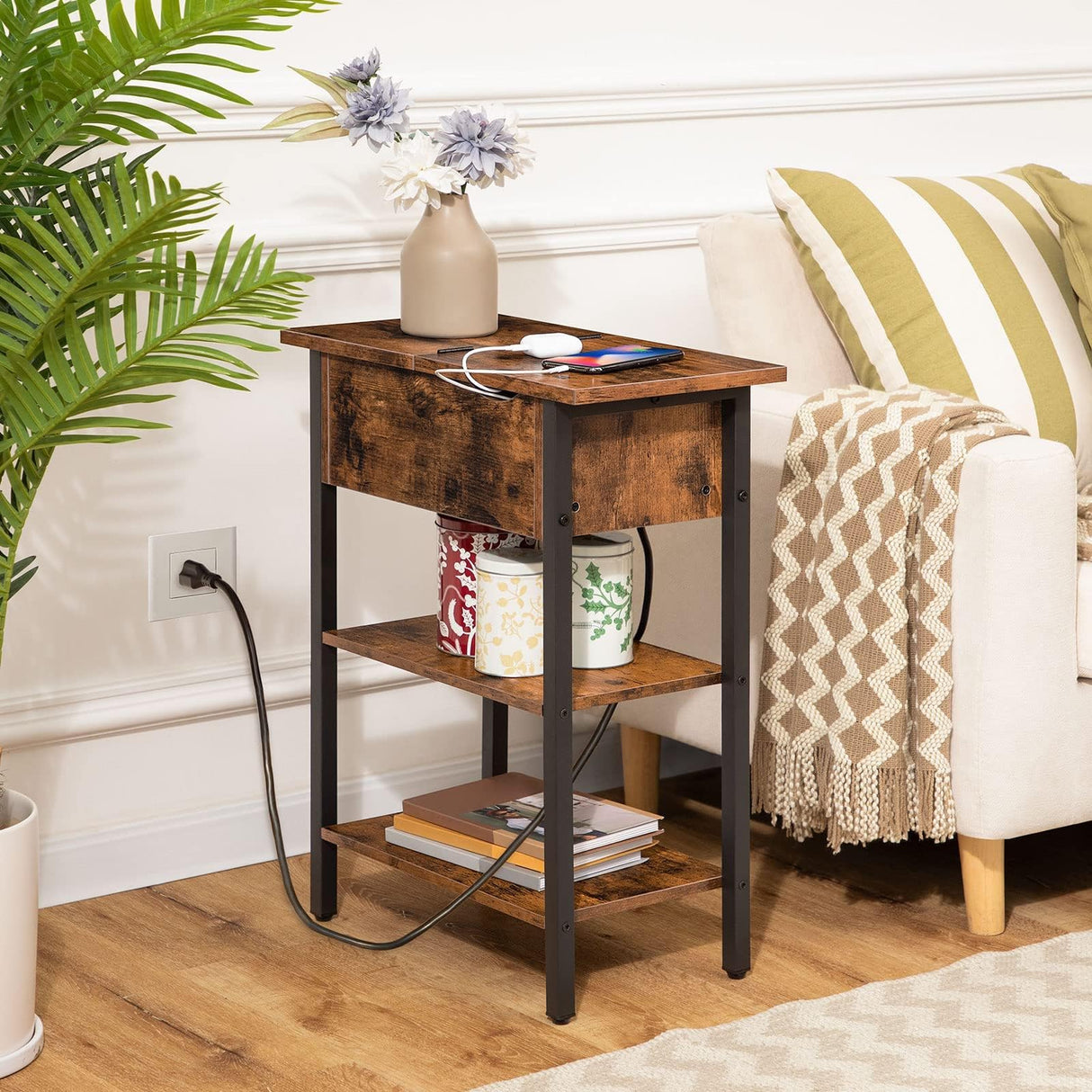 End Table with Charging Station, Narrow Side Table, Flip Top Nightstand with USB Ports