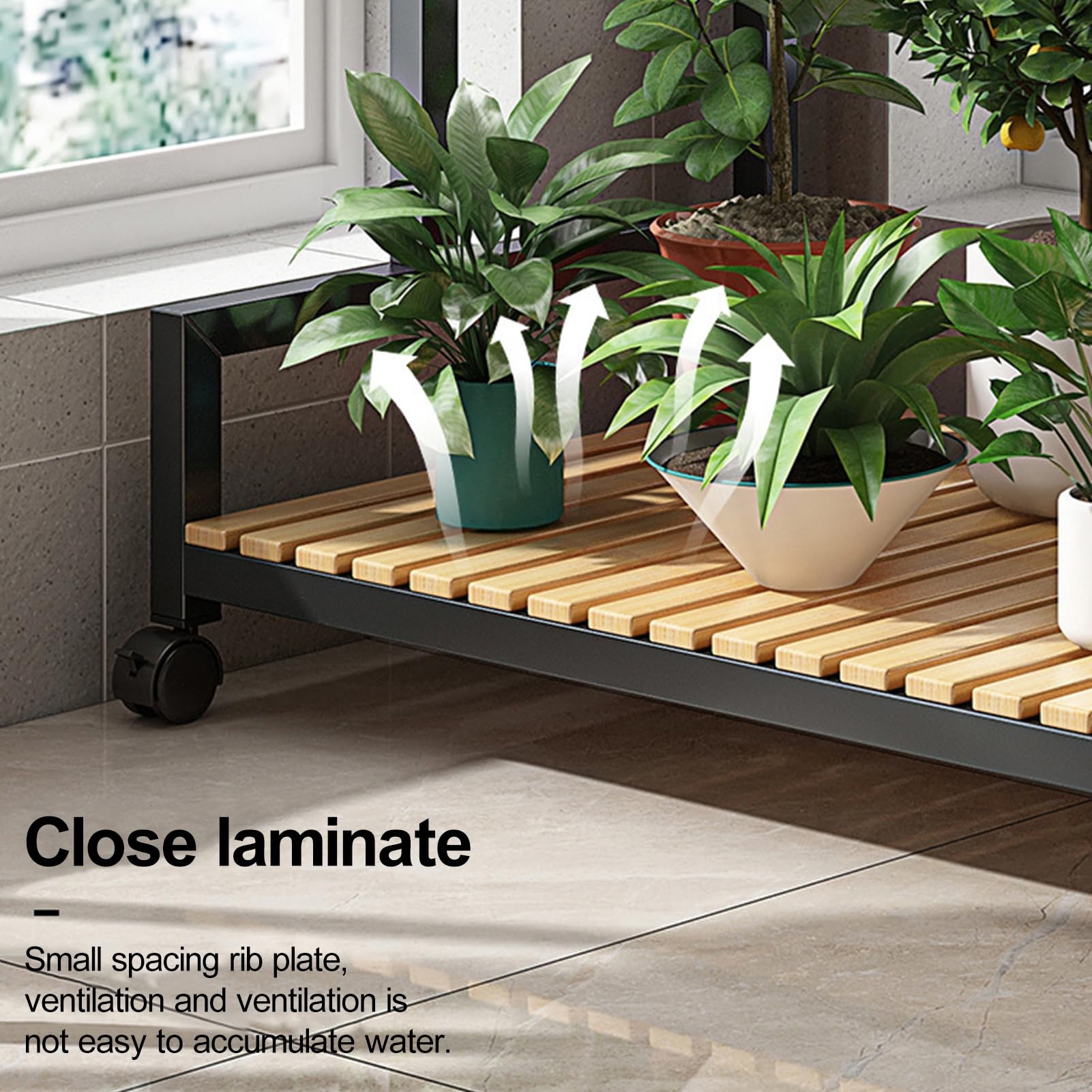 Rolling Rustic Plant Stand, 3 Tier Heavy Duty Metal Plant Shelf with Wheels Flower Plant Holder Shelves Rack with Pine Wood for Multiple Plants Indoor Home Outdoor Patio Balcony Yard Garden Black