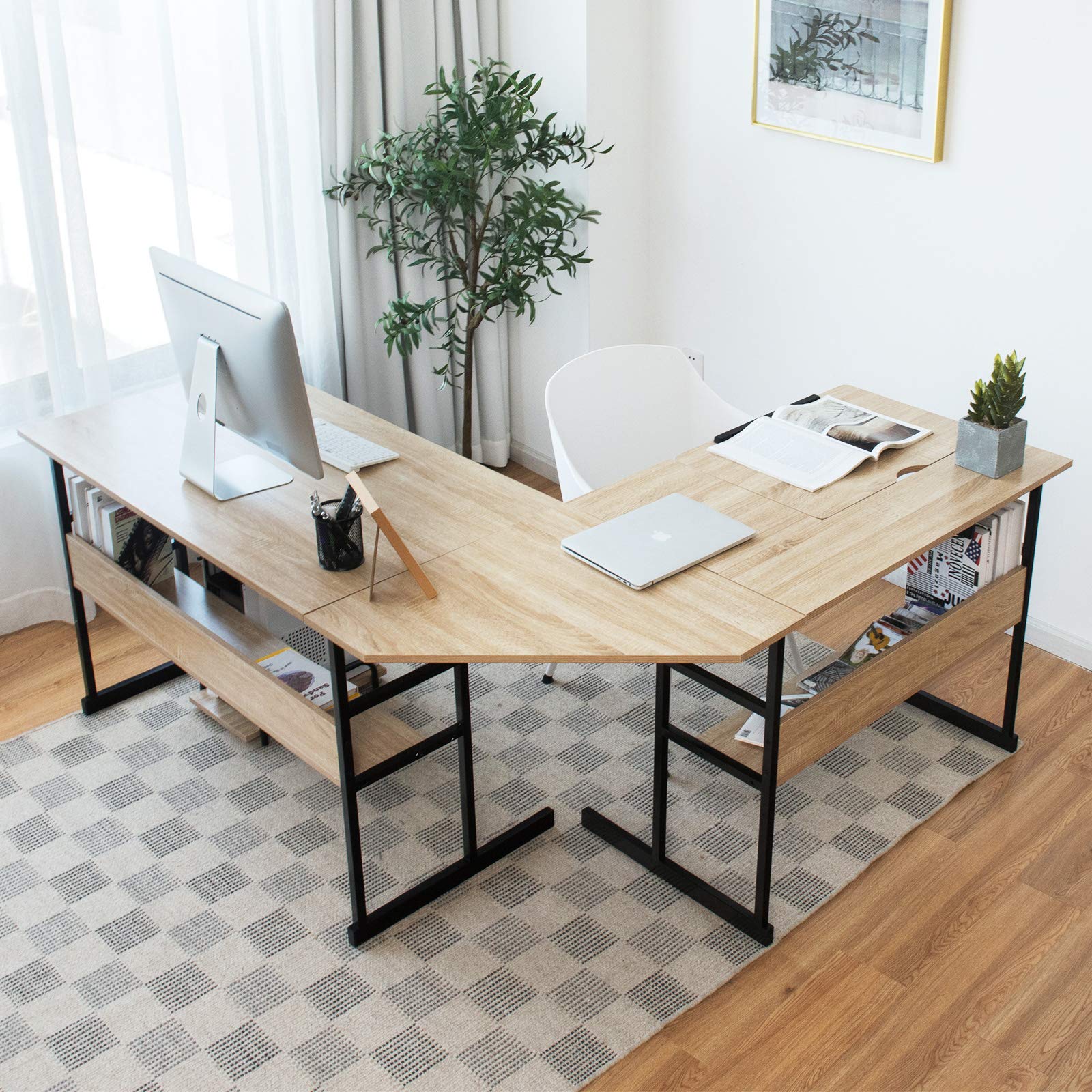 67 Inches L-Shaped Office Desk, Corner Computer Desk with Bottom Bookshelves & CPU Stand, Drafting Drawing Table with Tiltable Desktop, Corner Computer Workstation Home Office Desk