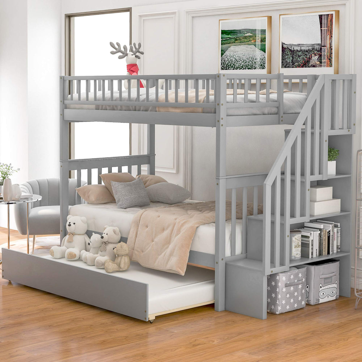 Twin Over Twin Bunk Bed with Stairs and Trundle, Solid Wood Stairway Bunk Bed Frame