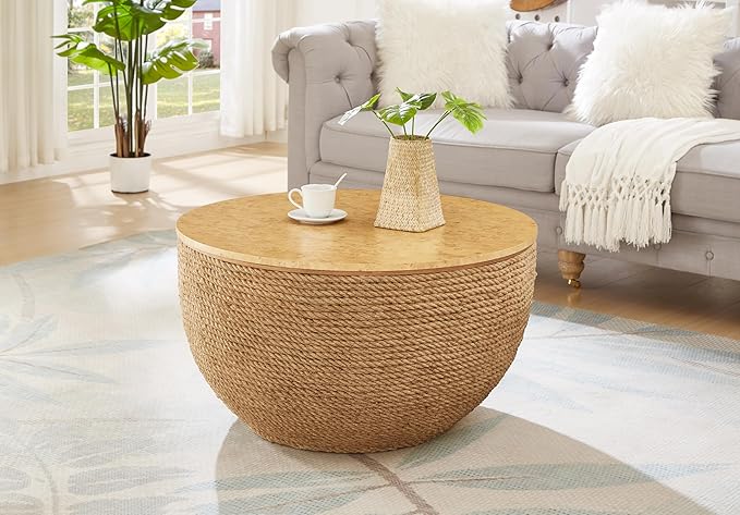 35" Round Wood Coffee Table for Living Room, Farmhouse Circle Bucket Shaped