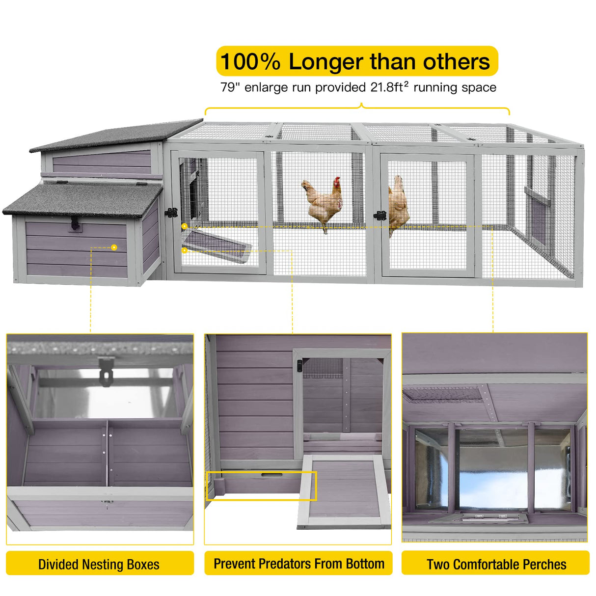 Chicken Coop Wooden Hen House Two Nesting Box with Large Run Outdoor