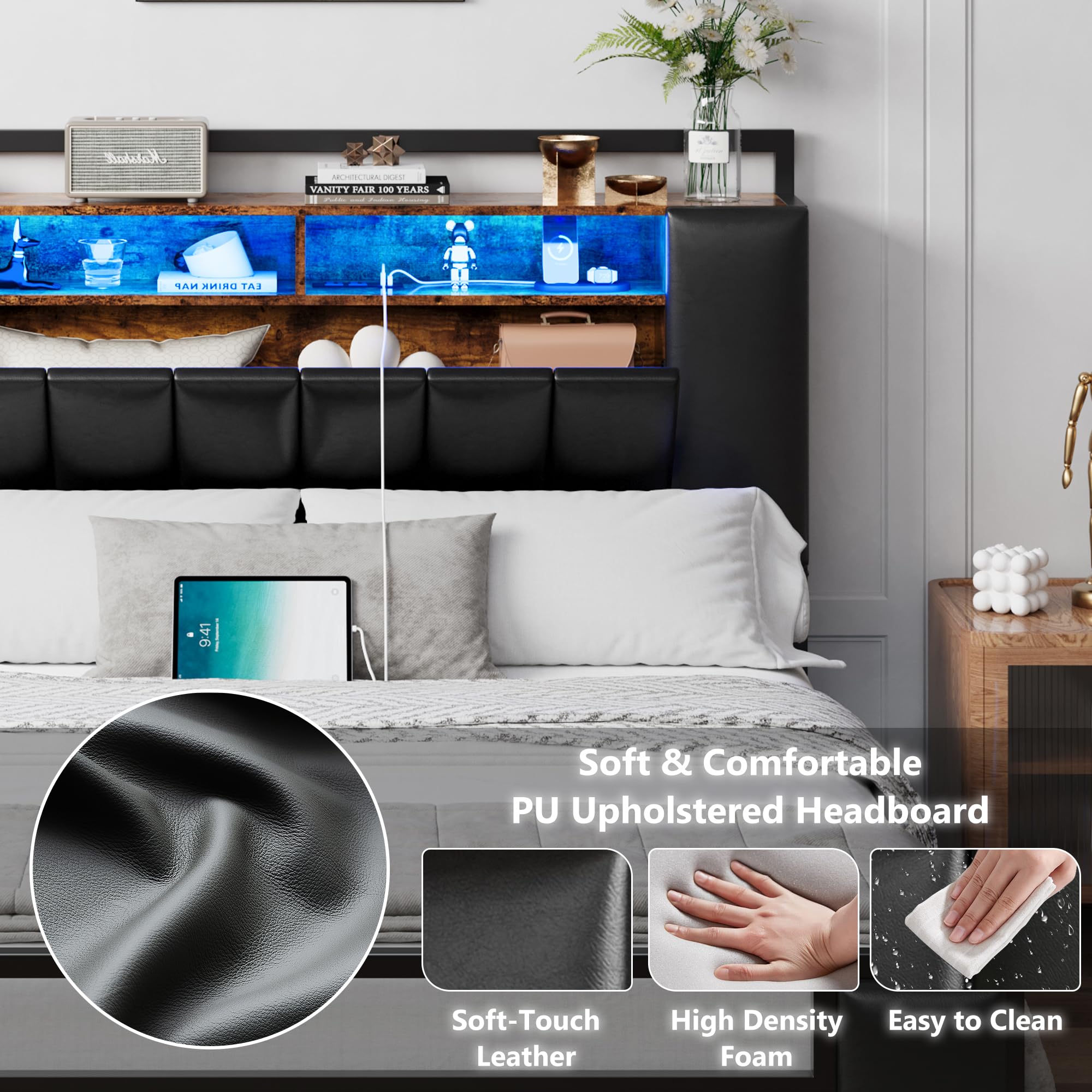 Queen Bed Frame with Storage Headboard & Charging Station, PU Leather Platform Bed