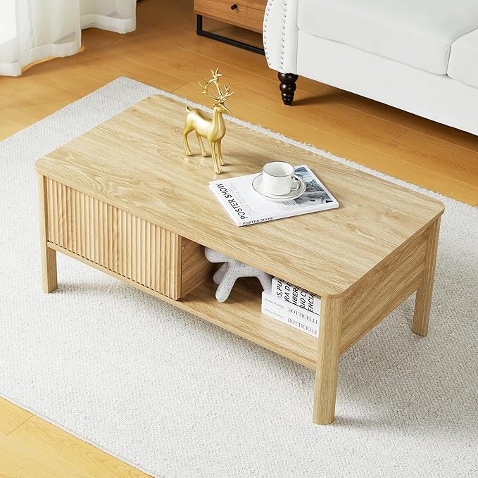 Wooden Fluted Lift Top Coffee Table with Hidden Compartment