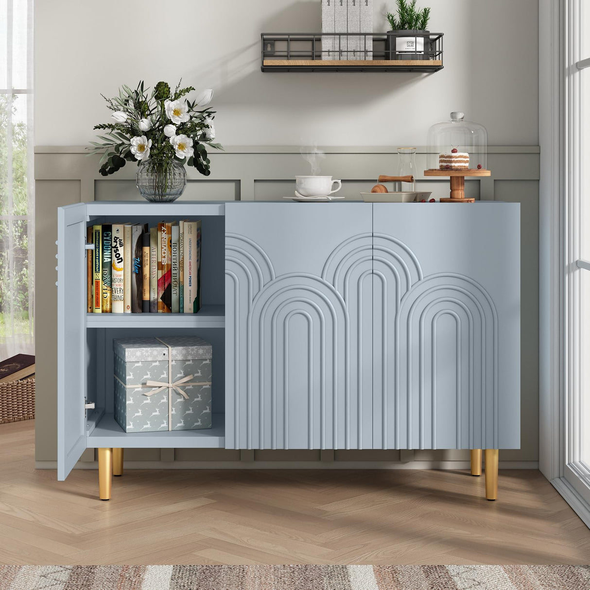 47" Sideboard Buffet Cabinet with Cloud Relief, Accent Cabinet with 3 Doors