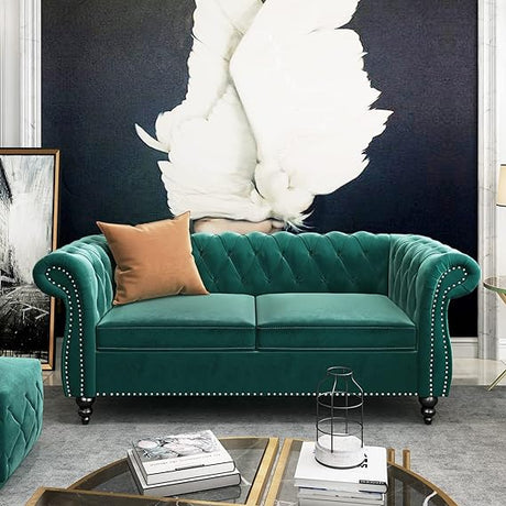 Modern Tufted Couch 3 Seater with Rolled Arms and Nailhead