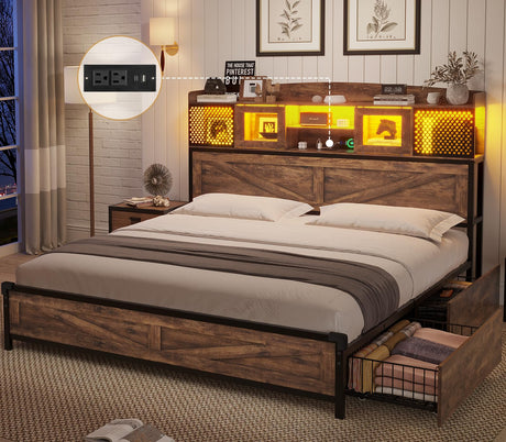 Farmhouse Full Bed Frame with Storage Drawers & LED Lights & Charging Station, Rustic