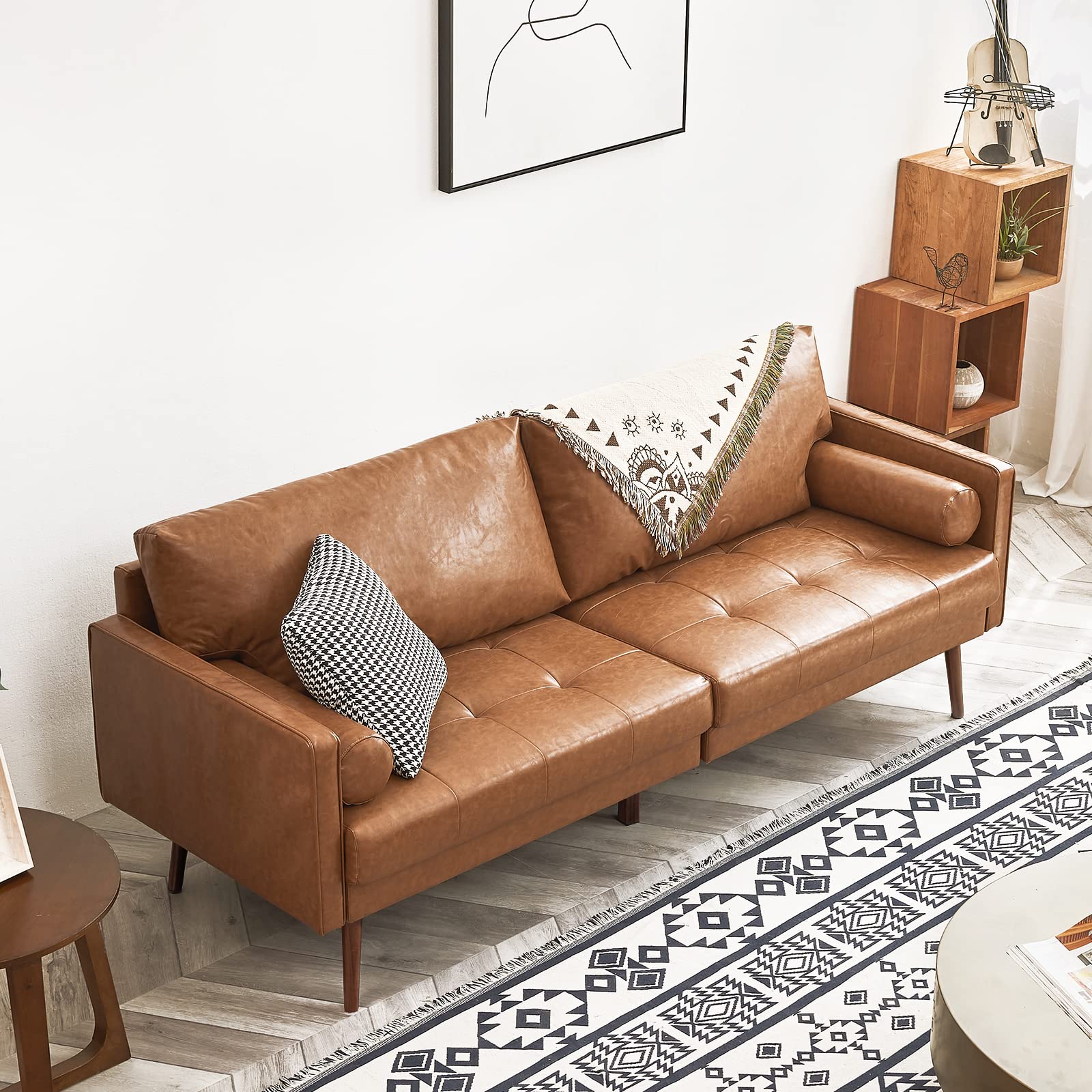 Faux Leather Sofa Couch, Mid-Century 73 Inch 3 Seater Leather Couch with Hand-Stitched Comfort Cushion and Bolster Pillows for Living Room,Elegant Cognac