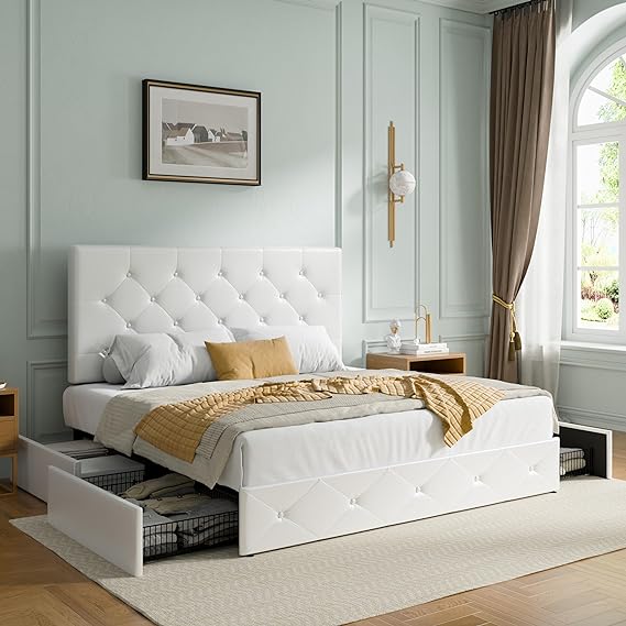 Upholstered Queen Platform Bed Frame with Adjustable Headboard and 4 Drawers Under