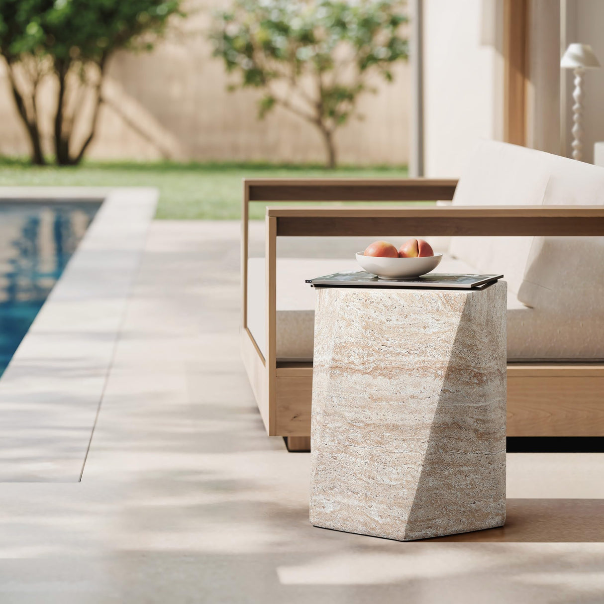 LuxenHome Outdoor Accent Side Table, 18'' Travertine - Style Irregular Textured Cement Patio End Table, Outdoor Coffee Furniture for Backyard Balcony, Modern Garden Stool for Outside - Bircata