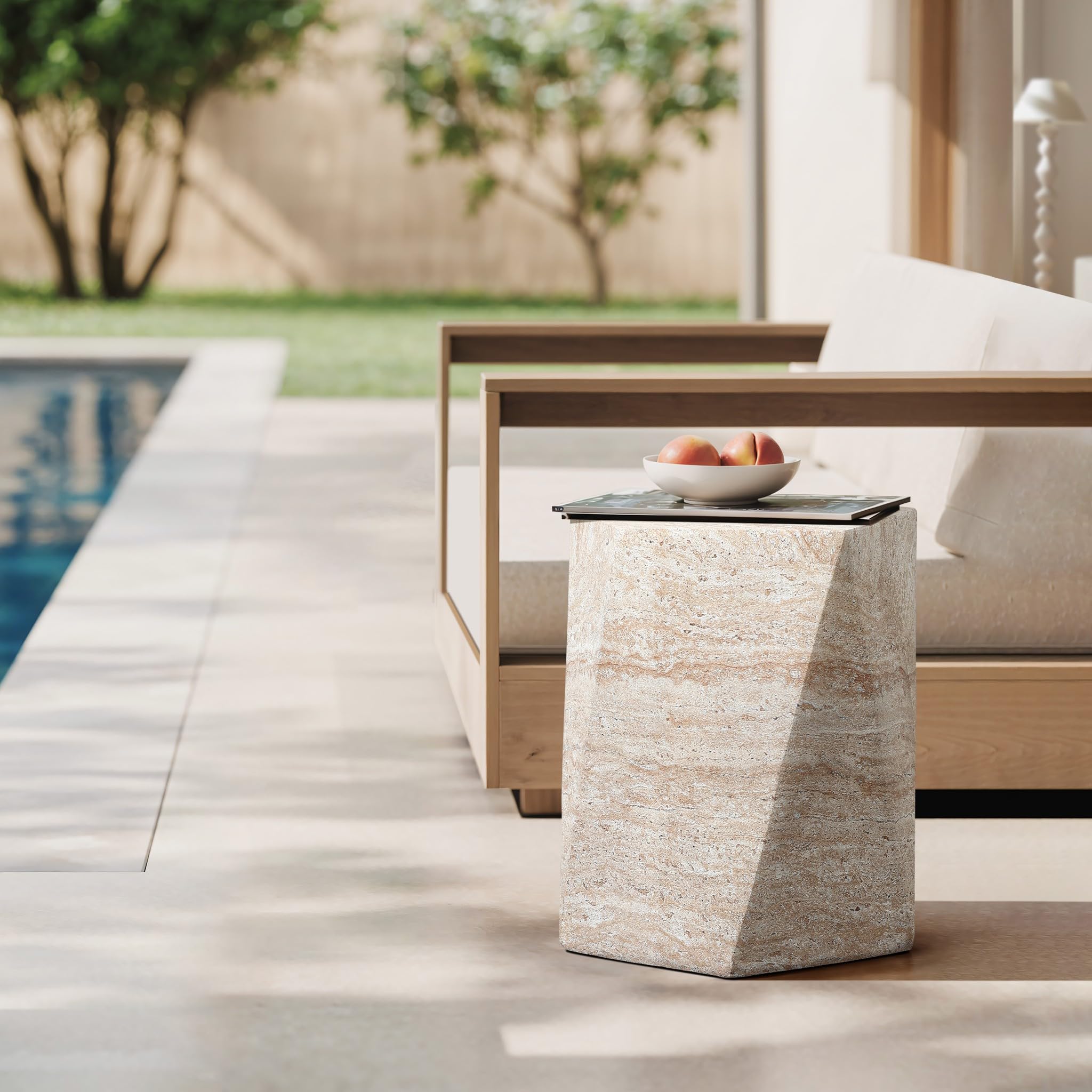 LuxenHome Outdoor Accent Side Table, 18'' Travertine - Style Irregular Textured Cement Patio End Table, Outdoor Coffee Furniture for Backyard Balcony, Modern Garden Stool for Outside - Bircata
