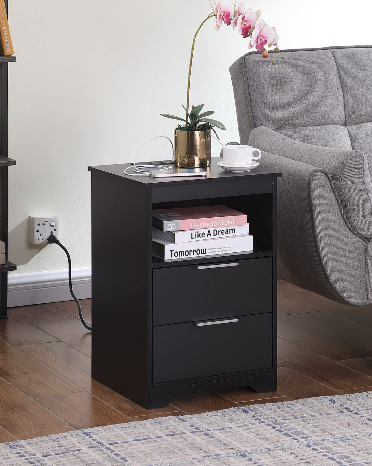 Kavonty Nightstand with Charging Station,End Table with 2 Drawers,Wooden End Table with Drawer and Opening Shelf,Side Table for Bedroom, Black