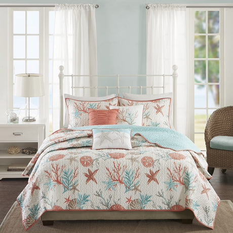 Quilt Set Cottage Coastal Design, Starfish Print - All Season, Coverlet Bedspread