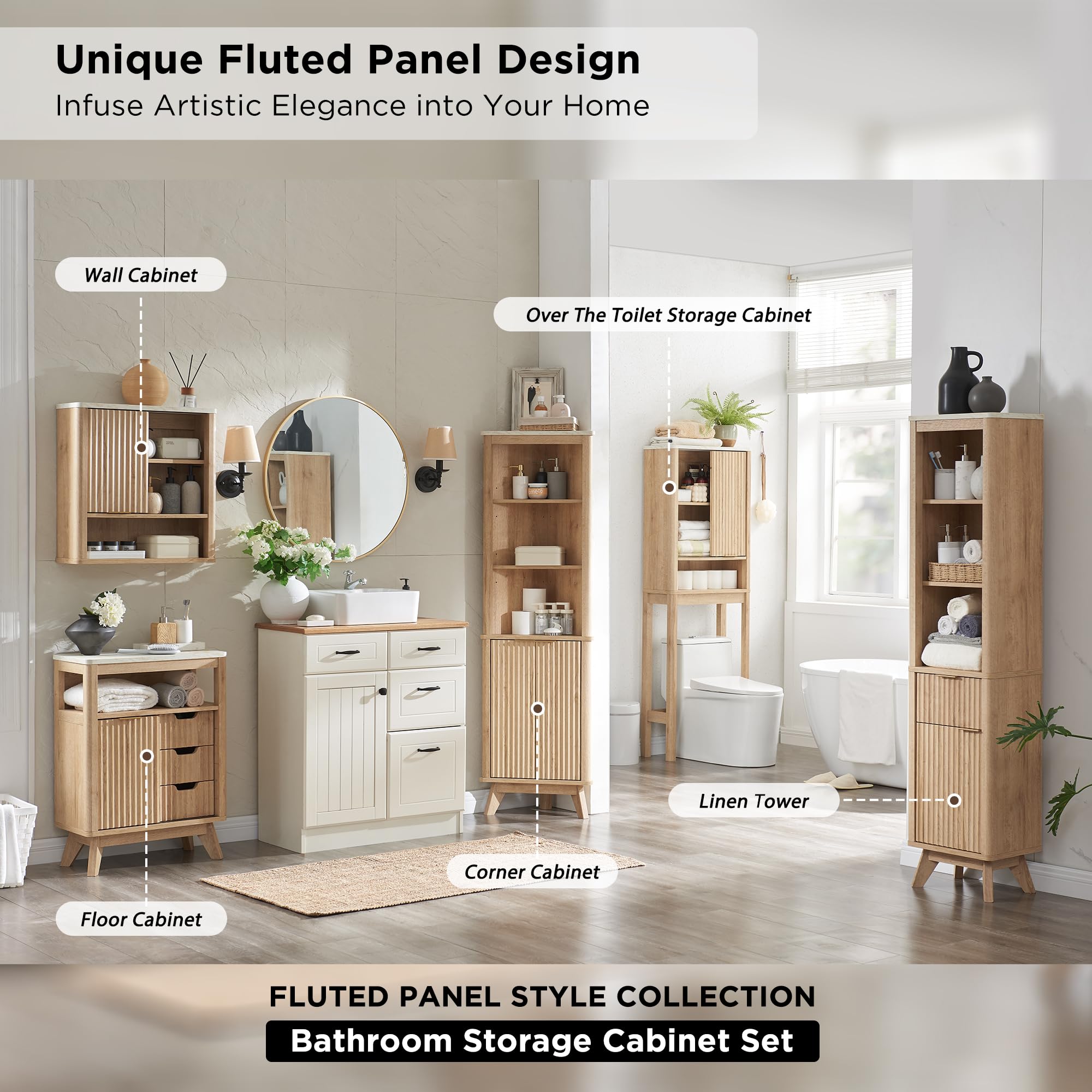 68" Tall Corner Cabinet, Modern Fluted Storage Cabinet with Faux Marble Top &