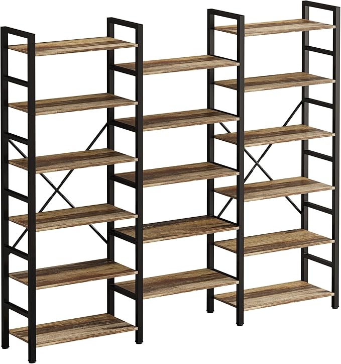 Bookshelves 6 Tiers Triple Wide Industrial Bookshelf, Large Etagere Bookshelf Open Display Shelves