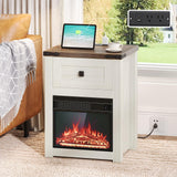 White Nightstand End Table with Charging Station, Farmhouse Fireplace End Side Table