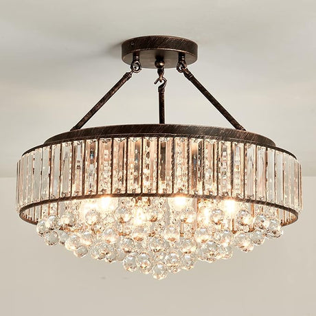 6-Light Modern Large Crystal Chandelier Gold Metal E26 Semi Flush Mount Round Ceiling