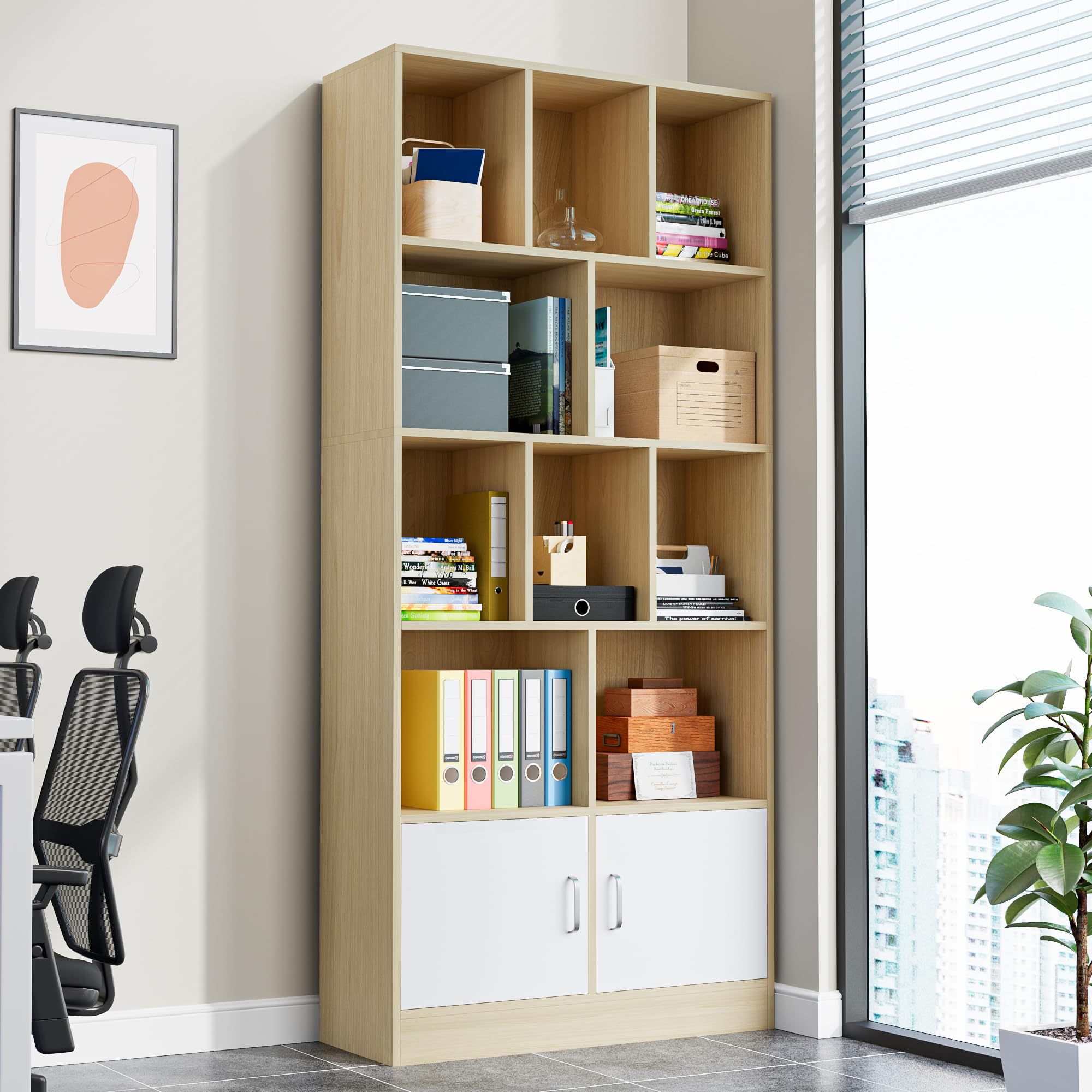 Castle 70" Tall Bookshelf with 12 Cubes and 2 Doors, 4-Tier Open Shelf Bookcase with Cabinet, Modern Cube Storage Organizer for Living Room, and Office, Oak & White