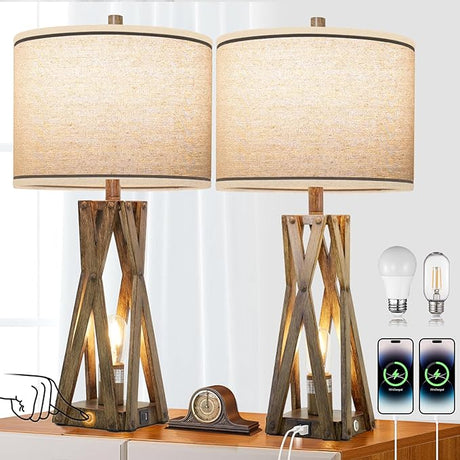 27.5" Touch Control Farmhouse Table Lamps Set of 2 with USB C+A & AC Outlet,