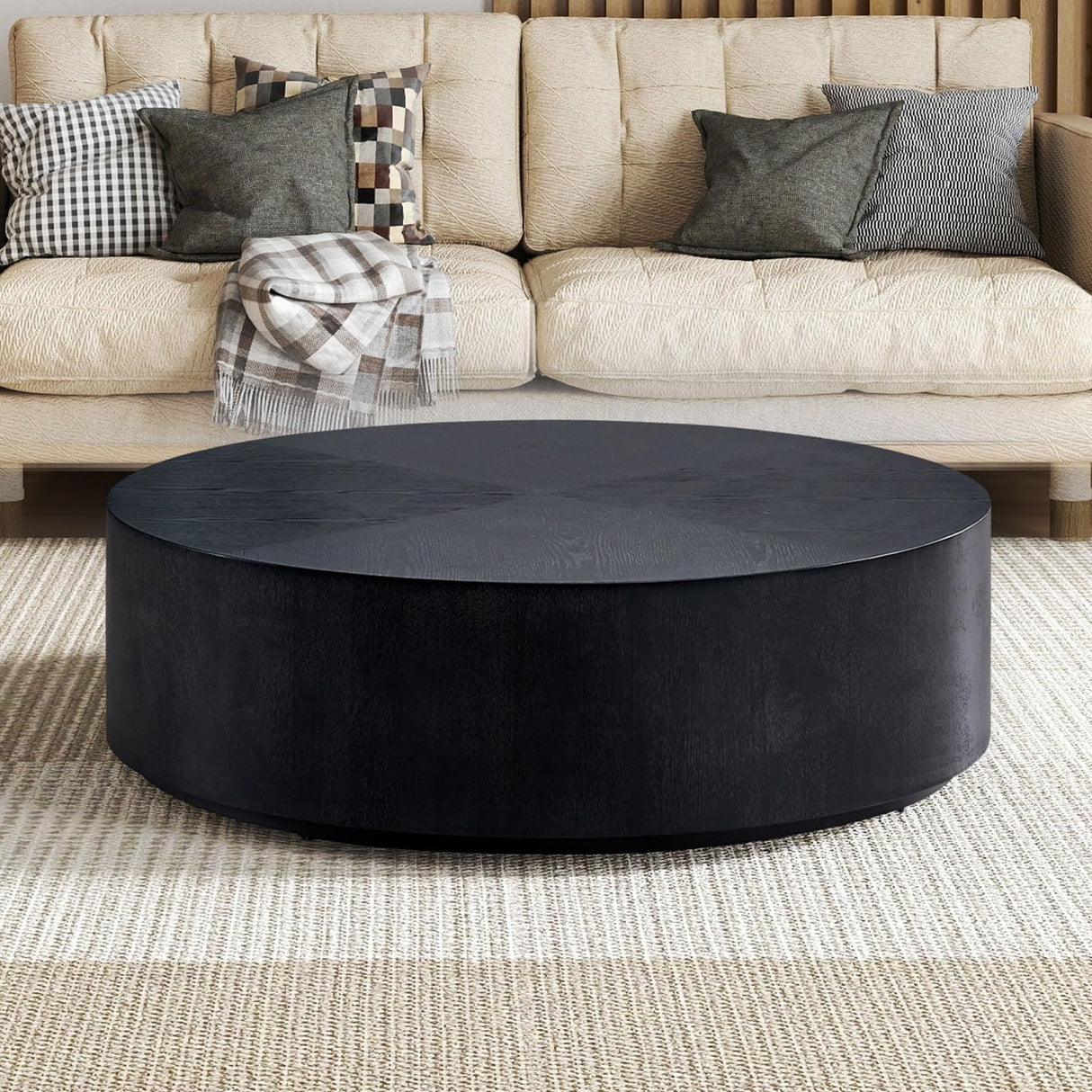 35.43 Inch Round Coffee Table, Drum Coffee Table for Living Room