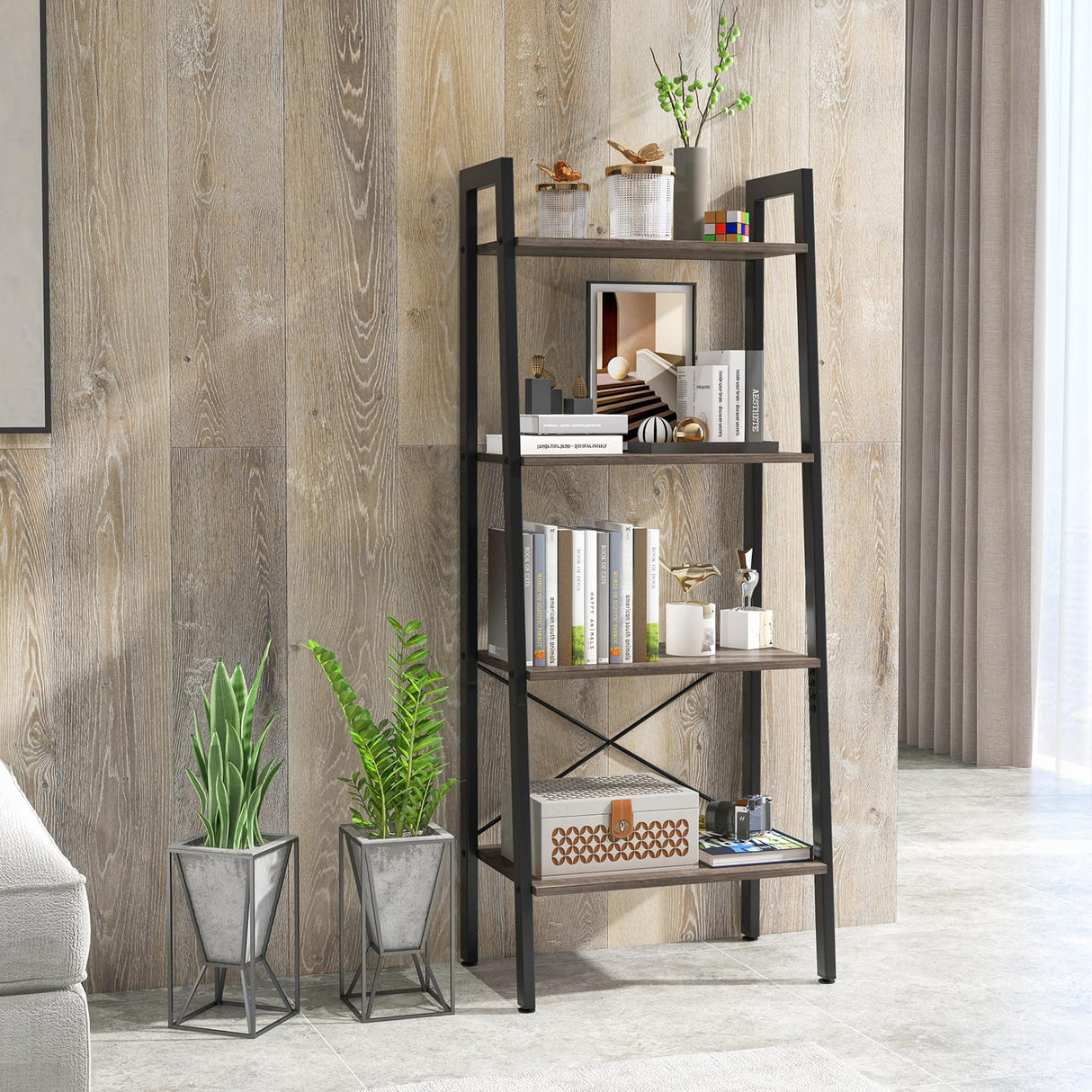 Ladder Bookshelf, 4-Tier Industrial Wood Bookcase w/Metal Frame, Anti-Toppling Device